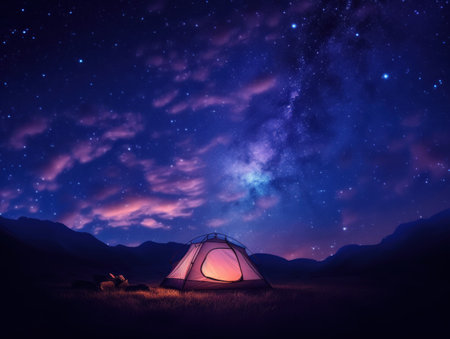 lone tent glows warmly beneath a breathtakingly starry sky with purple and blue huesの素材
