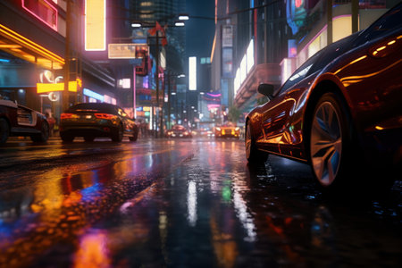 Wet streets reflecting city lights on a rainy evening in an urban downtown settingの素材