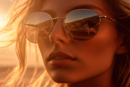 Close-up of a young woman wearing stylish sunglasses reflecting a sunset beach landscapeの素材