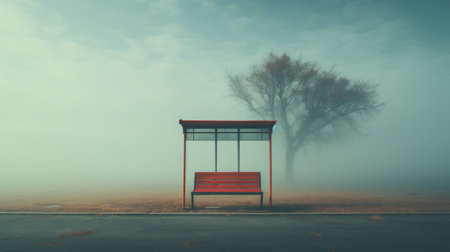 solitary red bench at a rural bus stop under a foggyの素材