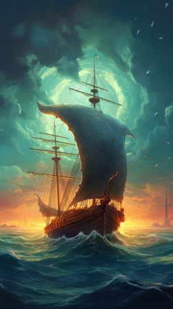 Sailboat sail soaring on tumultuous waves during a vibrant sunsetの素材