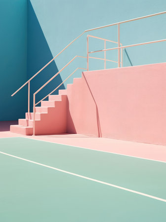 modern staircase in pastel pink and blue hues with a minimalist geometric designの素材