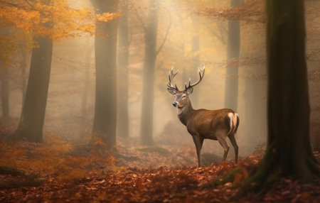 Majestic red deer standing in a misty autumn forestの素材