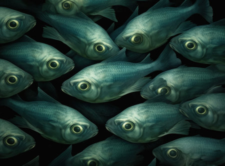 dense school of silver fish with prominent eyes swimming in the dark, deep underwaterの素材