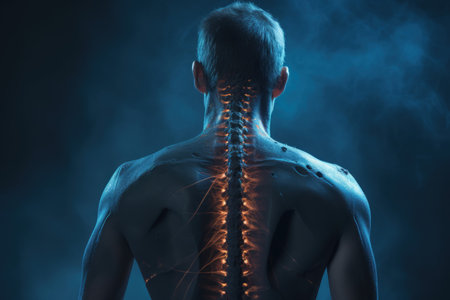 Image of a shirtless man viewed from behind. Back pain and spinal health conceptの素材