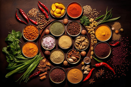 Wide array of spices and herbs on a dark background. Culinary assortmentの素材