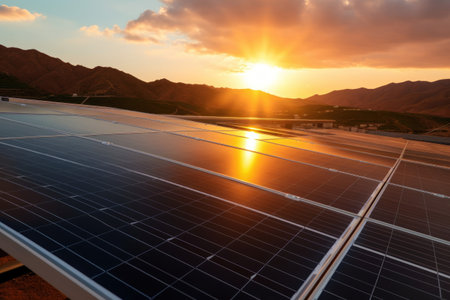 Solar panels glaming under the sunset beside mountainous terrainの素材