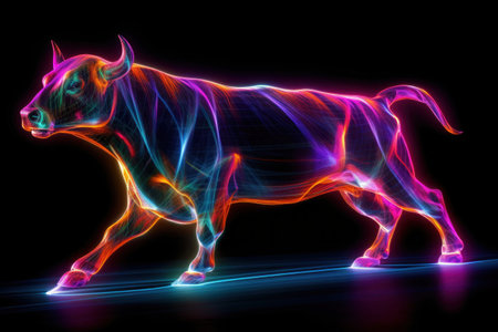 Abstract neon light outline of a bull in motion on black background. Generative AIの素材
