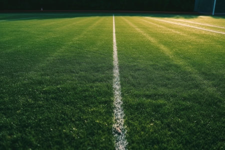 Lush green soccer field with a crisp white line running through the center. Generative AIの素材