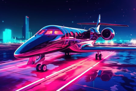 private jet glaming with cyberpunk aesthetics parked on a neon-lit tarmac against a futuristic cityscape. Generative AIの素材