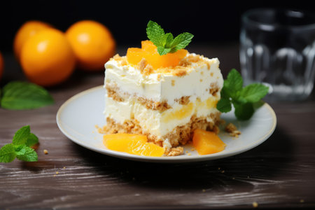 Close-up of a citrus peach cream dessert garnished with fresh mint on a plate. Generative AIの素材