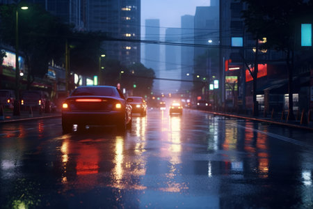 Wet streets reflecting city lights on a rainy evening in an urban downtown setting. Generative AIの素材
