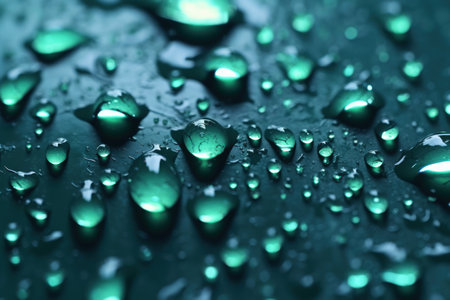 Macro shot of emerald green water droplets on a smooth dark background. Generative AIの素材