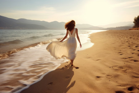 Woman in a flowing white dress walks along a beach at sunset leaving footprints in the sand. Generative AIの素材