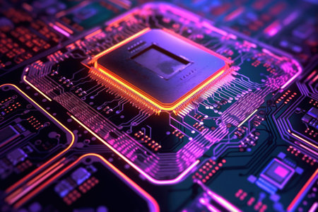 Close up image of a sophisticated and highly detailed modern technology circuit board. Generative AIの素材