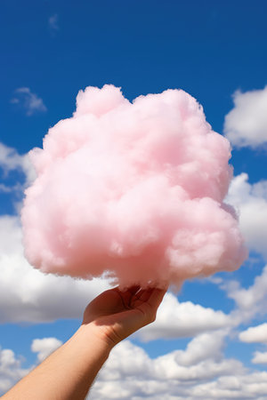 surreal image of a hand holding a pink cloud against the sky. Generative AIの素材