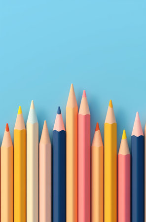 neat array of sharpened colorful pencils lined up against a vibrant blue background. Generative AIの素材