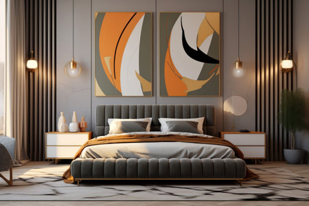 Stylish modern bedroom with contemporary furnishings. Generative AIの素材