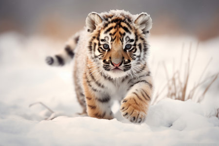 Tiger cub prowls through a snowy landscape. Generative AIの素材