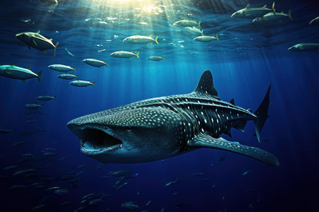 Majestic whale shark swimming with a school of fish in clear blue waters. Generative AIの素材