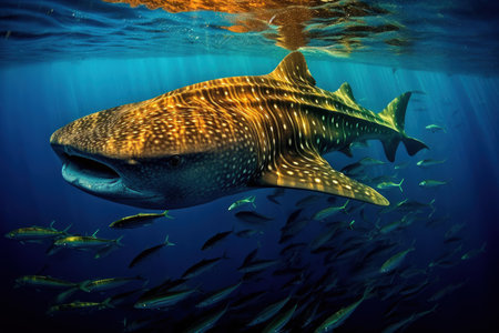 Majestic whale shark swimming with a school of fish in clear blue waters. Generative AIの素材