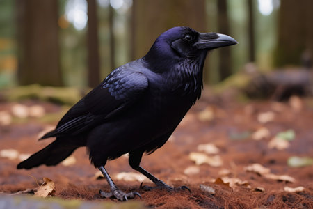 Detailed close up of a raven with a bokeh background in the forest. Generative AIの素材