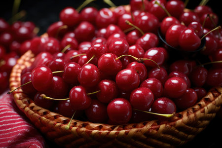 close-up shot of fresh glistening cherries with water droplets. Generative AIの素材