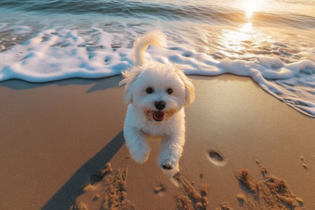 joyful Bichon Maltese dog runs energetically along a white sandy beach with ocean waves. Generative AIの素材