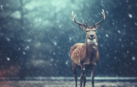 Solitary deer stands proud in a snow-covered landscape. Snowflakes gently falling around. Generative AIの素材