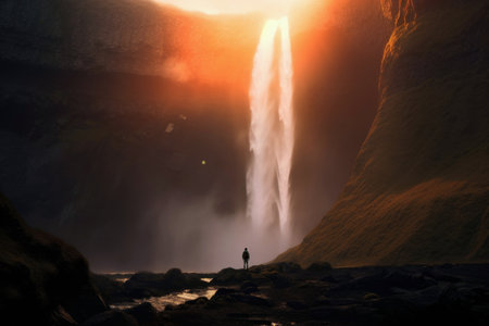 Solitary man standing before a towering waterfall surrounded by rocky cliffs. Generative AIの素材