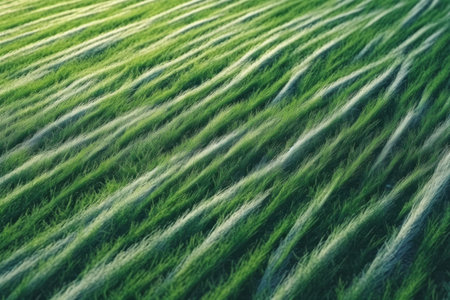 Diagonal patterns on a lush green grass soccer field. Generative AIの素材
