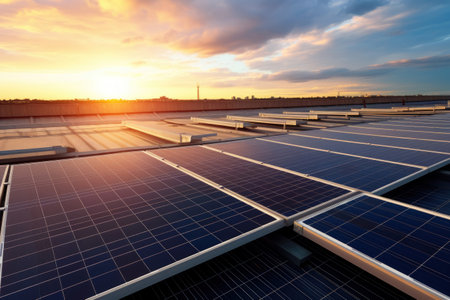 Solar energy panels installed on an urban building rooftop. Generative AIの素材