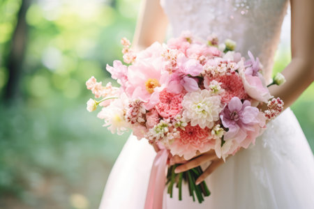 bride holds a delicate bouquet of white and pink flowers embodying romance and elegance. Generative AIの素材