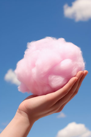 surreal image of a hand holding a pink cloud against the sky. Generative AIの素材