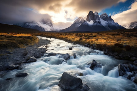 Tranquil mountain landscape with a river at soft golden sunset. Generative AIの素材
