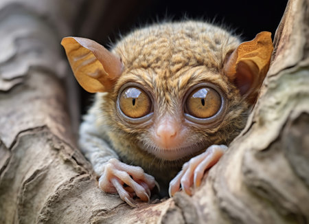 close-up of a baby tarsier with strikingly large eyes peeking out from its tree hideout.. Generative AIの素材