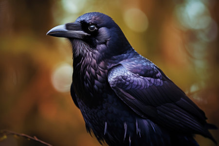 Detailed close up of a raven with a bokeh background in the forest. Generative AIの素材