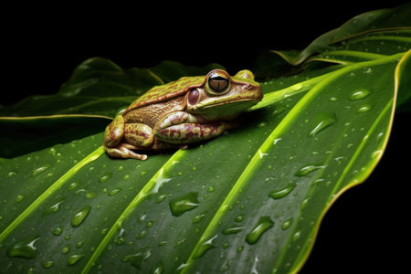 Close up of a vibrant green tree frog taking on leaf during rain. Generative AIの素材