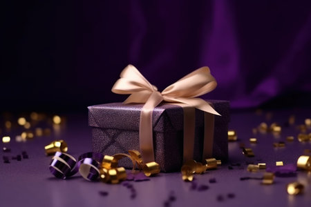 luxurious dark purple gift box tied with a shiny golden ribbon amidst festive confetti. Generative AIの素材