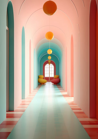 long arched hallway painted in soft pastel rainbow colors creating a playful and inviting space. Generative AIの素材