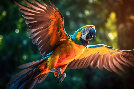 Captivating macaw in mid flight. Its vivid feathers glow with the sun golden rays. Generative AIの素材