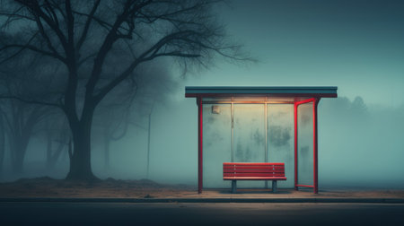 solitary red bench at a rural bus stop under a foggy. Generative AIの素材