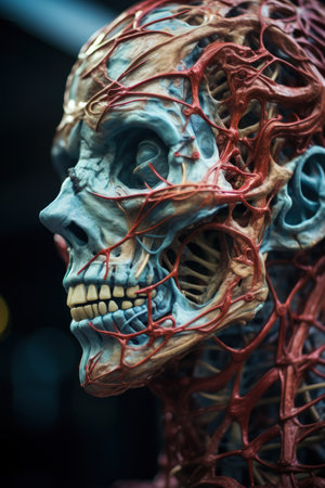 Close-up of a detailed anatomical model showing a complex vascular and skeletal system. Generative AIの素材
