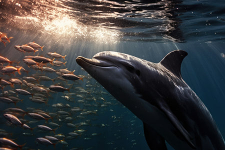 playful dolphin swims gracefully. Leading a school of fish under the ocean's sunlit surface. Generative AIの素材