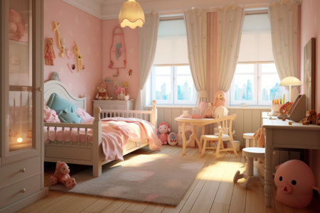 Warm and inviting children's room in pink hues. Adorned with plush toys with soft lighting. Generative AIの素材