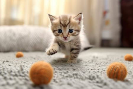 cute kitten playing with an orange fuzzy ball on a soft gray carpet. Generative AIの素材