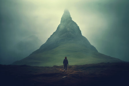 solitary man stands before an imposing mountain peak. Generative AIの素材