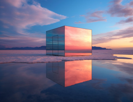 Surreal reflective cube floating above a tranquil lake under a pastel cloud filled sky. Generative AIの素材