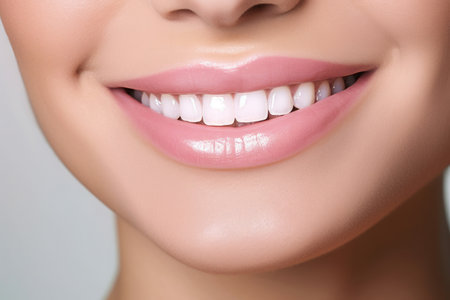 Close-up of a woman's radiant smile with glossy lips and perfect white teeth. Generative AIの素材