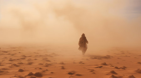 lone Bedouin figure enveloped in a sandstorm walking through the desert. Generative AIの素材